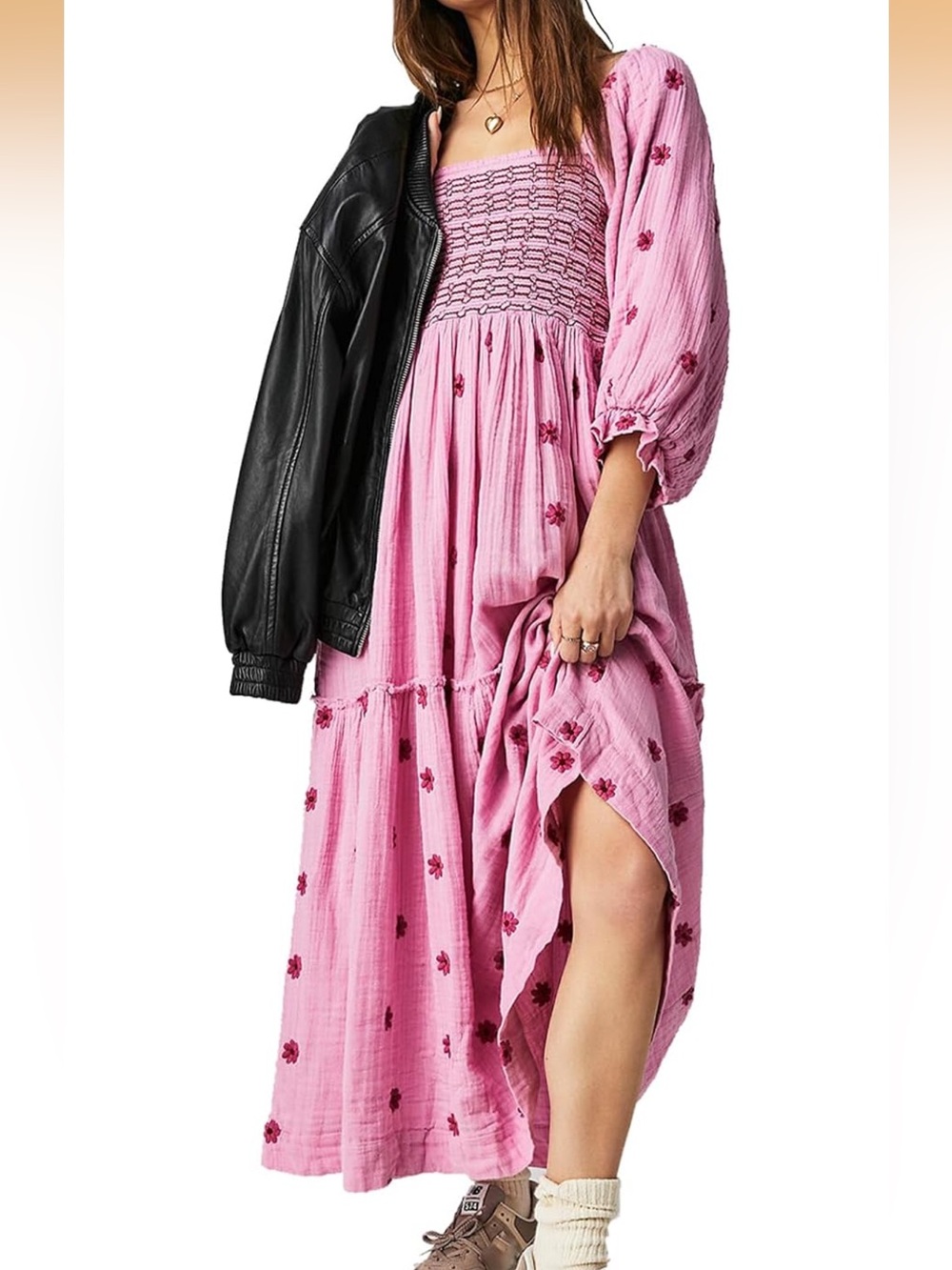 Smocked Bodice Pink Maxi Dress with Floral Embroidery